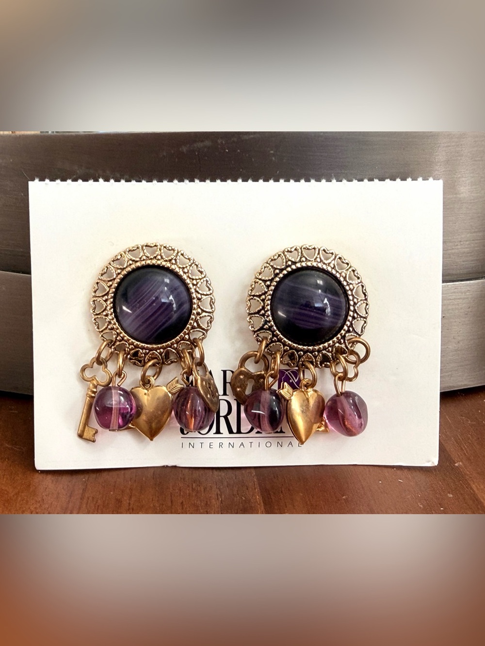 Karla Jordan International Purple Glass Charm Clip On Earrings NWT Vintage